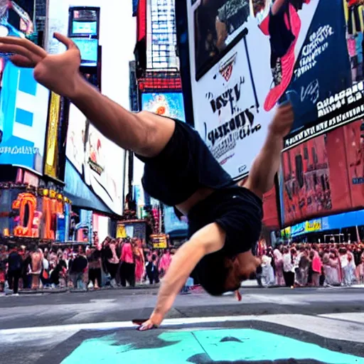 Prompt: a guy doing breakdance in times Square