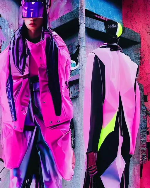 Image similar to an award winning fashion photograph for Balenciaga's futuristic cyberpunk Bladerunner 2049 fall line, hyperrealism, dazzle camouflage!, dayglo pink, dayglo blue, raven black