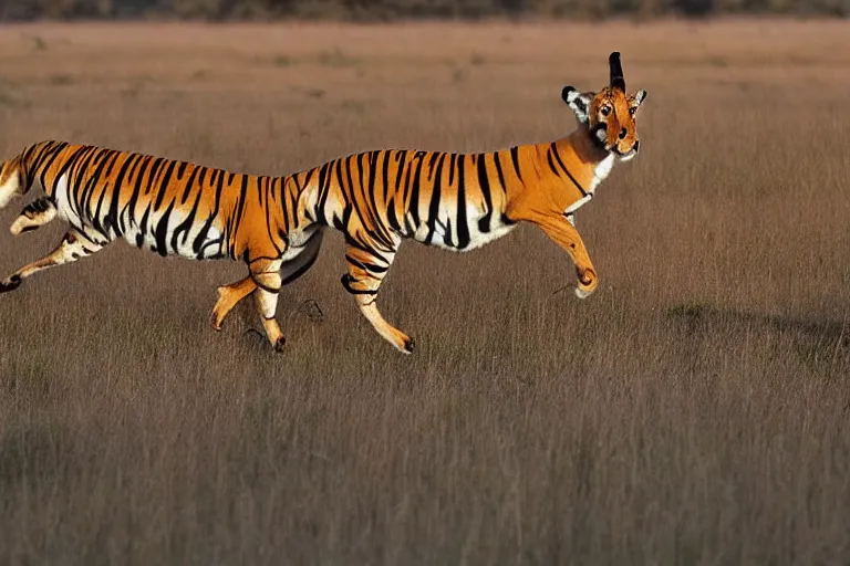 Prompt: an antelope and a tiger, the antelope is chasing the tiger golden hour, 6 0 0 mm, wildlife photo, national geographics