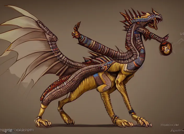 Image similar to fullbody egyptian dragon character design of a egyptian dragon. egyptian dragon deviantart adoptable, deviantart species style of maple story and zootopia, disney portrait studio lighting by jessica rossier and brian froud in the style of disney, traditional artstation