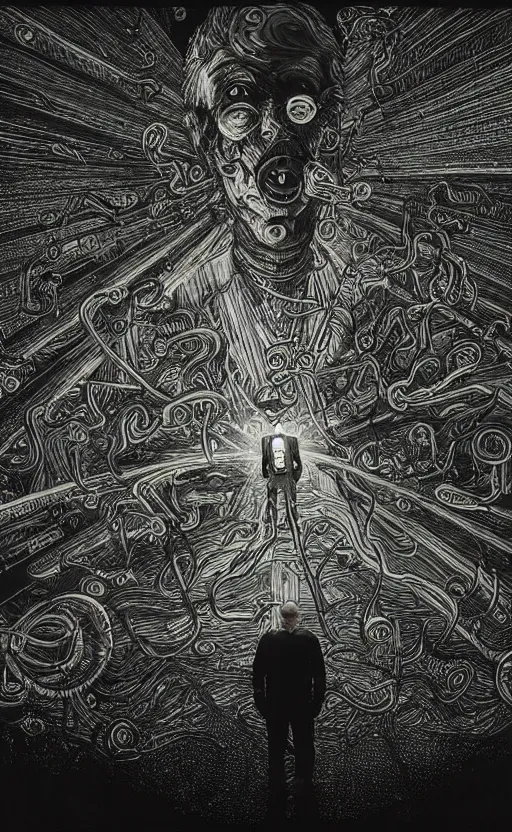 Image similar to lovecraftian mike jay bauman surrounded by beams of light dark background by wayne barlow, stanley donwood, anton semenov, zdzislaw bekinski, 8 k, fantasy, dark