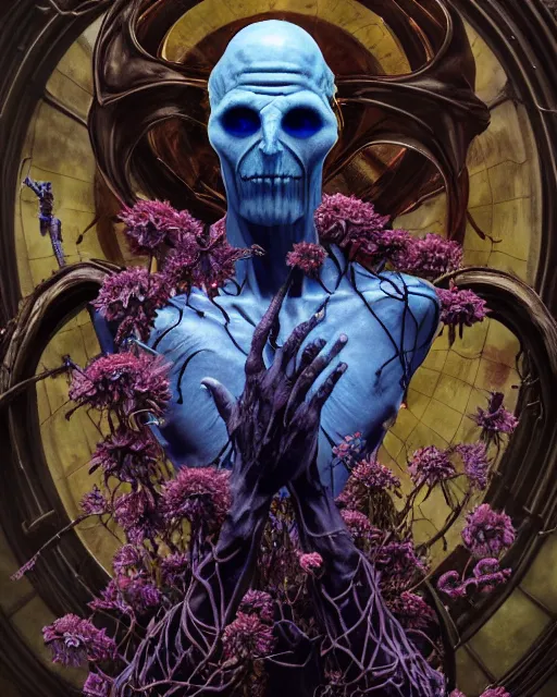 Prompt: the platonic ideal of flowers, rotting, insects and praying of cletus kasady ultimate carnage thanos dementor doctor manhattan chtulu nazgul bioshock, davinci, namaskara mudra, detailed, intricate, hyperrealism, intense, scary, decay, dmt, art by brock hofer and artgerm and greg rutkowski and alphonse mucha