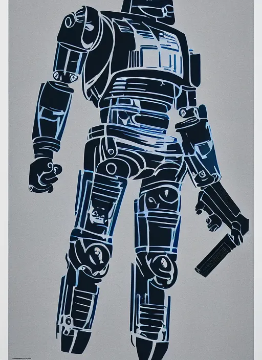 Prompt: A RoboCop movie poster by Paul Rand. Screen printed. Tritone blue, black, and silver. Printed on white paper. Paper texture