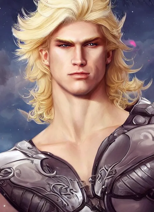 Image similar to handsome blond cyborg Lucius as a muscular angel handcuffed, pale androgynous young man with long fluffy blond curly hair, urban fantasy romance book cover, D&D!, fantasy style, sharp focus!, ultra detailed, art by Artgerm and Peter Andrew Jones, WLUP