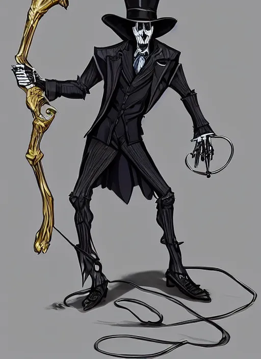 Image similar to DND character art, skeletal male figure, wearing a deep black suit!!! and tie and top hat, holding a gold! cane!, blue flames!!