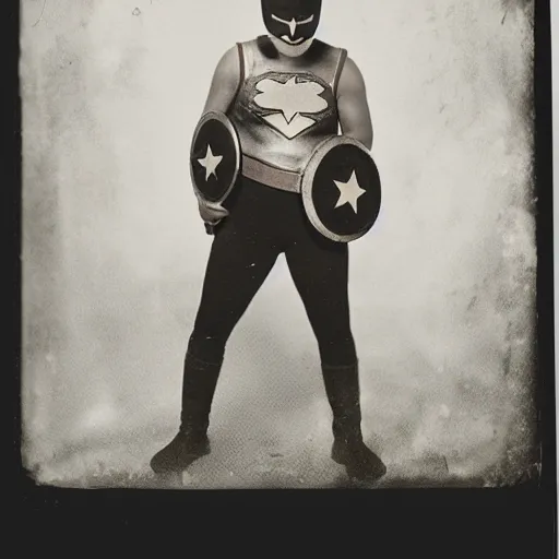 Image similar to tintype photographs of superheroes, masked wrestlers, technowizards