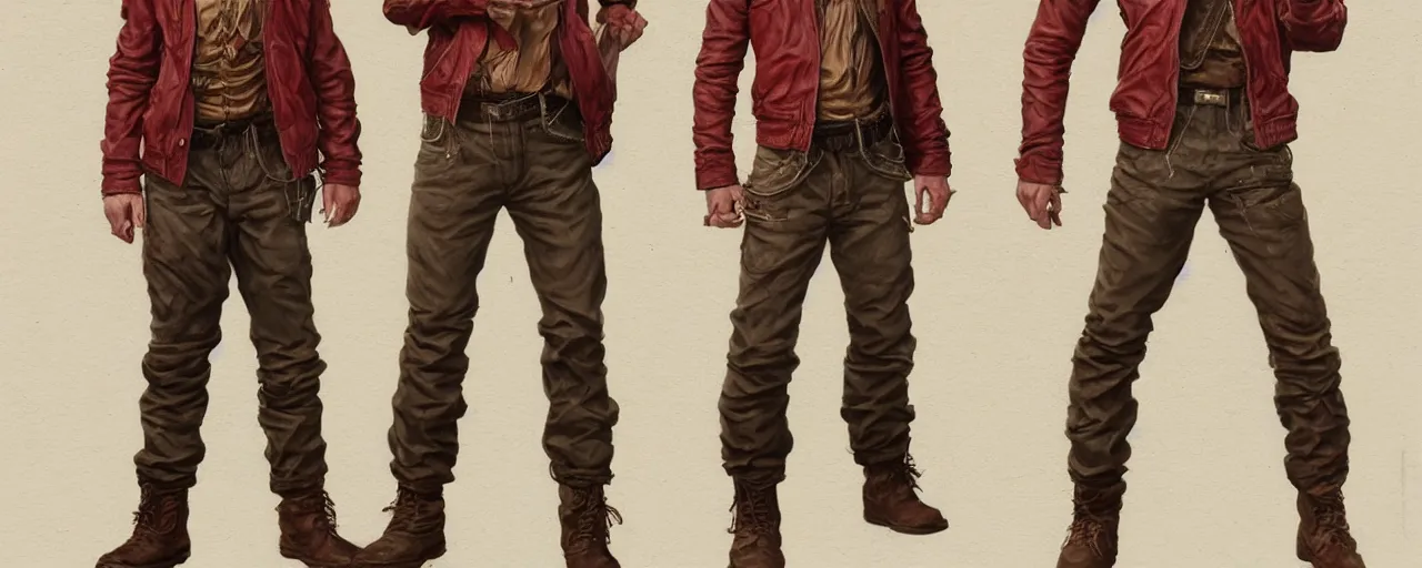 Prompt: character design, turnaround, full body, 40's adventurer, unshaven, optimistic, stained dirty clothing, straw hat, riding boots, red t-shirt, dusty brown bomber leather jacket, detailed, concept art, photorealistic, hyperdetailed, 3d rendering , art by Leyendecker and frazetta,