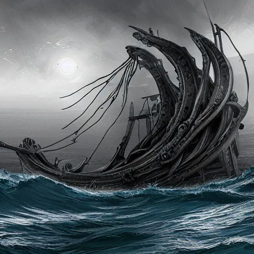 Image similar to sea monster looks like sailing ship deep dark sea, highly detailed, digital painting, smooth, sharp focus, illustration, artstation