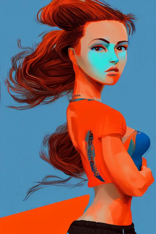 Image similar to a award winning half body portrait of a beautiful caucasian woman in a croptop and cargo pants with ombre orange blue teal hairstyle with head in motion and hair flying by will eisner, outrun, vaporware, digital art, trending on artstation, highly detailed, fine detail, intricate