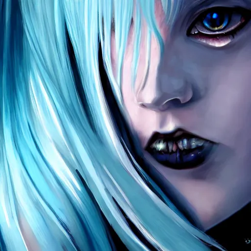 Image similar to imaginative painting of rimuru tempest, sky blue straight hair, long bangs, with amber eyes, wearing a black jacket, high collar, ultra detailed, brush strokes, skin texture, digital painting, cinematic, wlop artstation, closeup, pixiv, eerie, scary, intimidating glare, evil, junji ito, yoshitaka amano