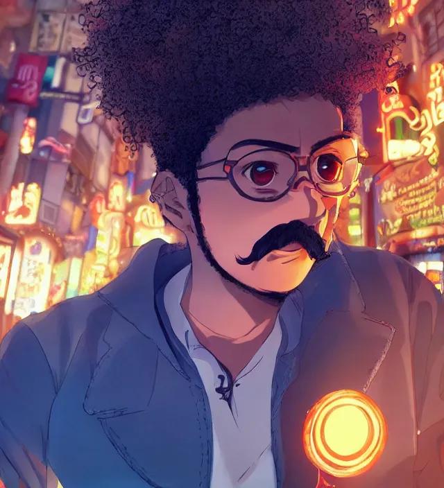 Image similar to close - up anime still of ( ( charming!!!!! latino middle - aged anime protagonist with curly afro and moustache!!! tilting his head charmingly ) late night in an anime bar, cozy lights, detailed orange atmosphere. cinematic rim lighting, global illumination, trending on artstation, hypdertailed, perfect shading, dreamy, masterpiece