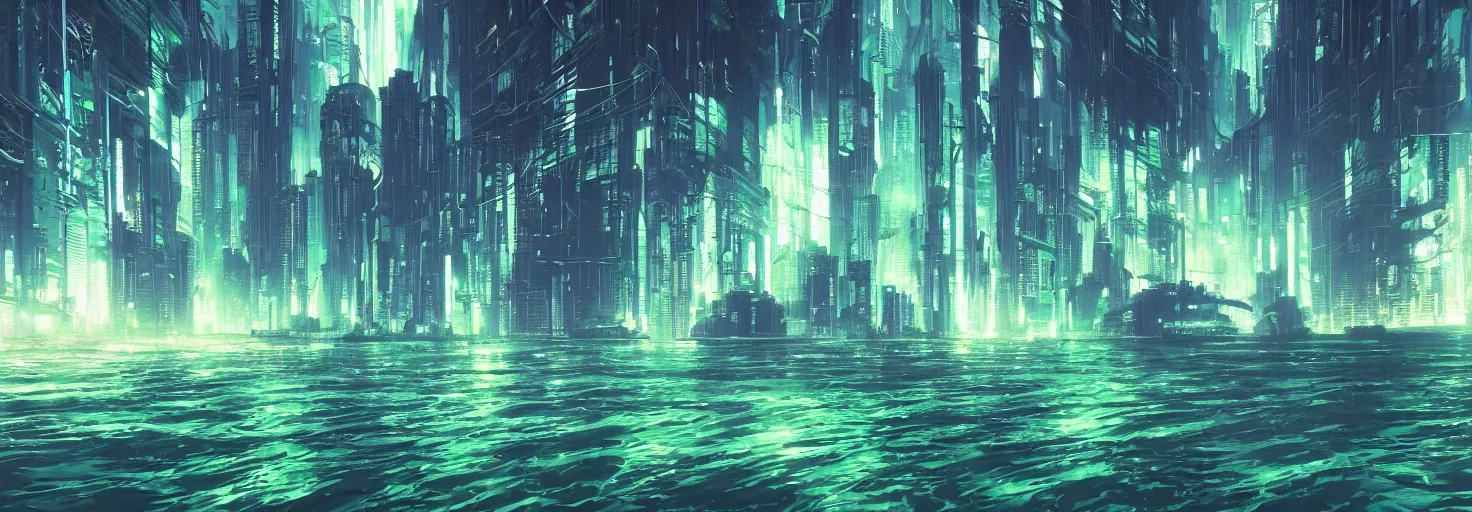 Image similar to reflective waves, cyberpunk texture, green coloring, by studio ghibli and greg rutkowski