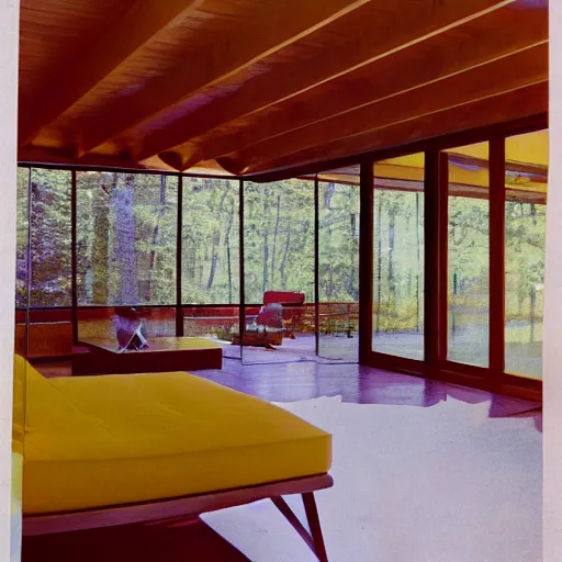 Prompt: architecture ad for a mid-century modern house in the middle of the wood designed by Norman Foster. Film grain, cinematic, colorized, yellow hue.