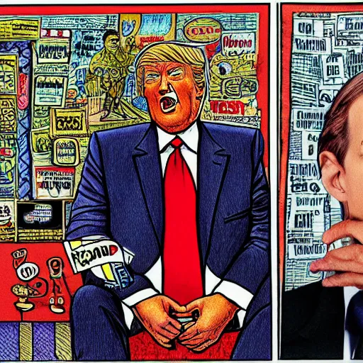 Image similar to !dream The Artwork of R. Crumb and his Cheap Suit Donald Trump and Jared Kushner, pencil and colored marker artwork, trailer-trash lifestyle