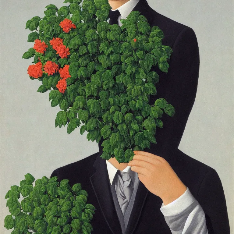 Image similar to portrait of man in a suit with flowers hiding his face by rene magritte, detailed painting, hd, hq, high resolution, high detail, 4 k, 8 k