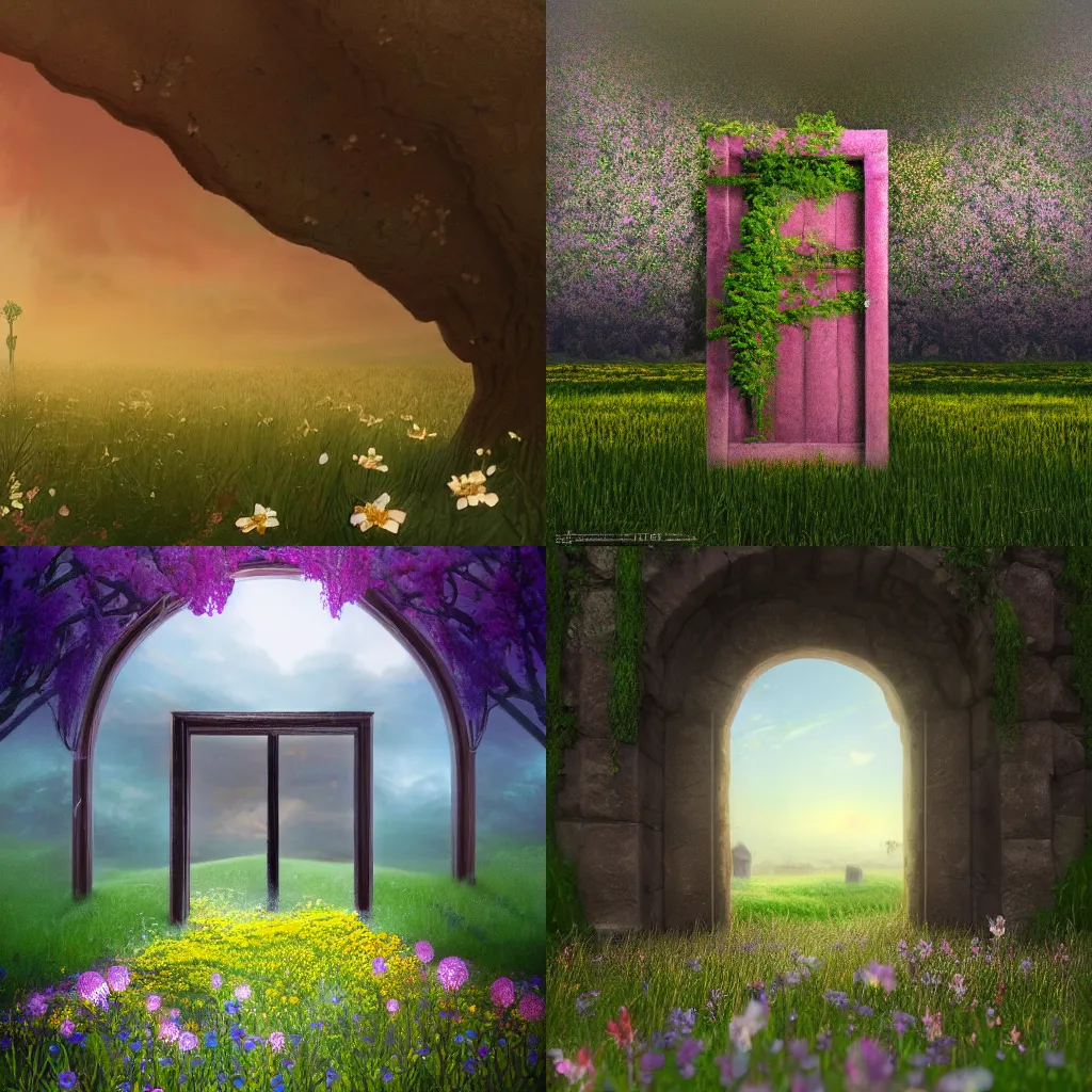 Prompt: A doorframe standing alone in a beautiful field of blooming flowers. Inside the doorframe is a vista inspired by H.P. Lovecraft, matte painting, trending on artstation