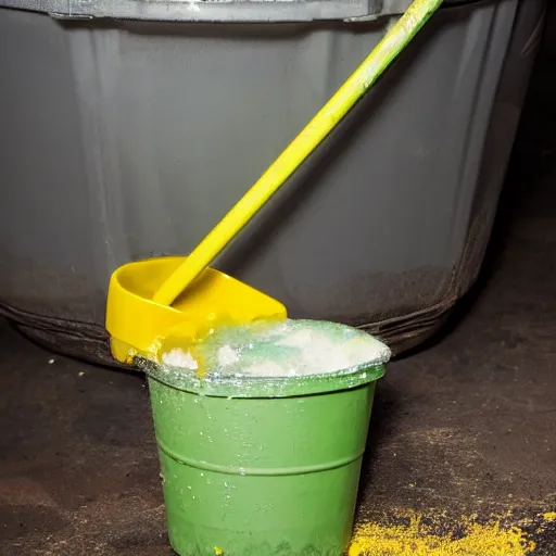 Image similar to slushy made out of grayish brown dirty water, next to a yellow bucket and mop, flash photography