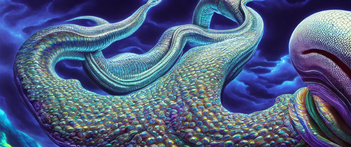 Image similar to hyperrealistic very intricate pearlescent leviathan swallowing the earth digital painting concept art salvador dali alex grey cinematic soft glow lighting high angle hd 8k sharp shallow depth of field