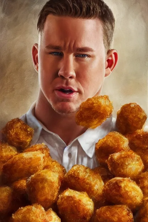 Prompt: channing tatum in a tater tot costume, oil on canvas, intricate, portrait, 8 k highly professionally detailed, hdr, cgsociety