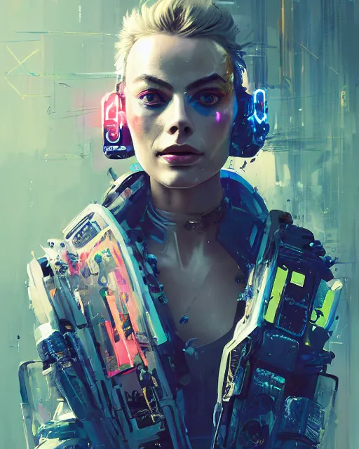 Image similar to detailed portrait margot robbie cyborg operator girl cyberpunk futuristic neon reflective puffy coat, decorated with traditional japanese ornaments by ismail inceoglu dragan bibin hans thoma greg rutkowski alexandros pyromallis nekro rene margitte illustrated perfect face, fine details, realistic shaded, fine - face, pretty face