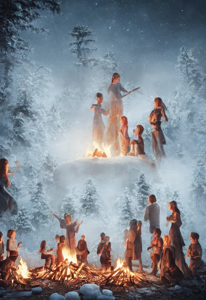 Image similar to realistic white tribe gather around a bonfire with a pregnant woman as her leader, proud people, sharp, antartic night, facinating, fantasy digital art, octane render, beautiful composition, trending on artstation, award - winning photograph, masterpiece