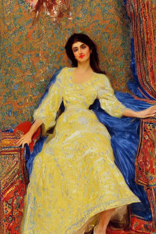 Image similar to gorgeous iranian girl wear detailed golden blue dress lay down on a detailed persian carpet, a big tree palm persian pot, painting by john singer sargent