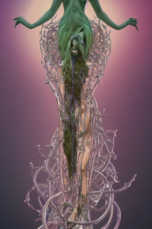 Image similar to a photo of a beautiful ancient alien medusa gorgon woman goddess bella hadid standing in iris van herpen dress jewelery and fractals in style of alphonse mucha art nuvo dmt trending on artstation made in unreal engine 4