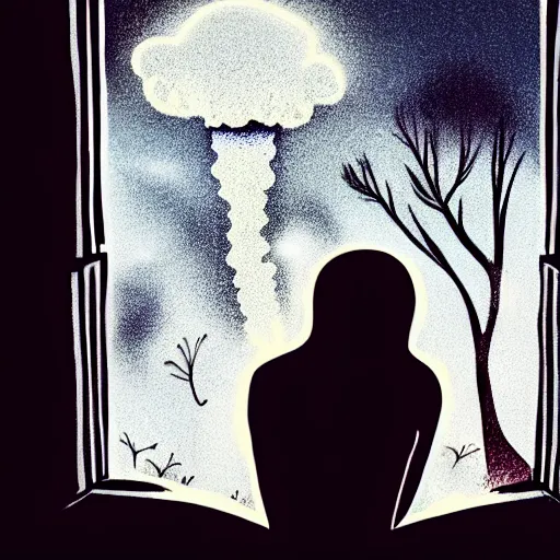 Prompt: teenage girl sitting at bedroom window staring down at her phone, a mushroom cloud outside lights the side of her face, intimate, dark, surreal photography