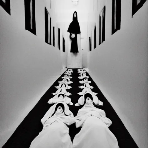 Image similar to black and white, award winning photo, levitating twin nuns, wearing pentgram necklace, Very long arms, in a sanctuary, eerie, frightening —width 1024 —height 1024