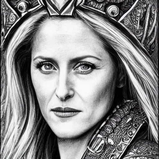 Prompt: hyper realistic pencil drawing of Gillian Anderson as a viking princess, intricate detail, beautiful, battle armor, war, fight, light, dragon, colorful