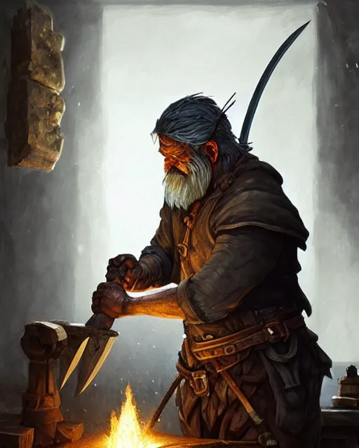 Prompt: an old blacksmith forging his final sword, his sad with grief and in pain from old injuries, his wall depicts his best weapons, deep focus, D&D, fantasy, intricate, elegant, highly detailed, digital painting, artstation, concept art, matte, sharp focus, illustration, hearthstone, art by Artgerm and Greg Rutkowski and Alphonse Mucha