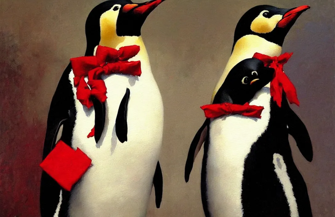 Prompt: a penguin with a red bow tie!!!!!!!!!!!!!!!!!!!!!!!!!!!, detailed painting, epic lighting, by ilya repin, phil hale and kent williams