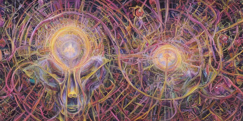 Prompt: mortal contemplations is a vision based on a meditative moment of self - reflection on the condition of being subject to death, inspired by the pandemic's forced collective confrontation of mortality on a global scale, volumetric lighting and shadows, concept art, biomechanical, realistic oil painting by alex grey