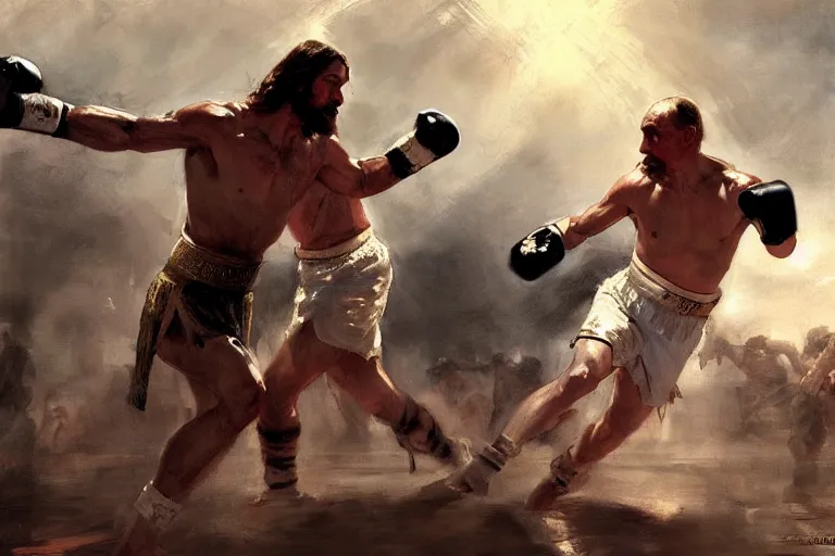 Image similar to ancient, jesus christ boxing with vladimir putin, fist fight, detailed faces, in battle by anders zorn, wonderful masterpiece by greg rutkowski, beautiful cinematic light, by greg manchess, jessica rossier