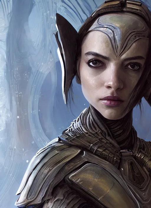 Image similar to a professional painting of a beautiful young female alien, clothed in ethereal armor, olive skin, long dark hair, beautiful bone structure, symmetrical facial features, intricate, elegant, digital painting, concept art, smooth, sharp focus, illustration, from Valerian and the City of a Thousand Planets, by Ruan Jia and Mandy Jurgens and Artgerm and William-Adolphe Bouguerea