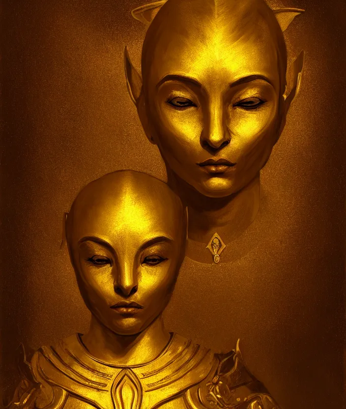 Prompt: a golden saint emerges from the door to cyrodiil, oil painting, aesthetic face, symmetrical face, magic, oblivion, morrowind, skyrim, skywind, skyblivion, dark, gloomy, portrait, character portrait, concept art, symmetrical, 4 k, macro detail, realistic shadows, bloom, cosplay, dviant art