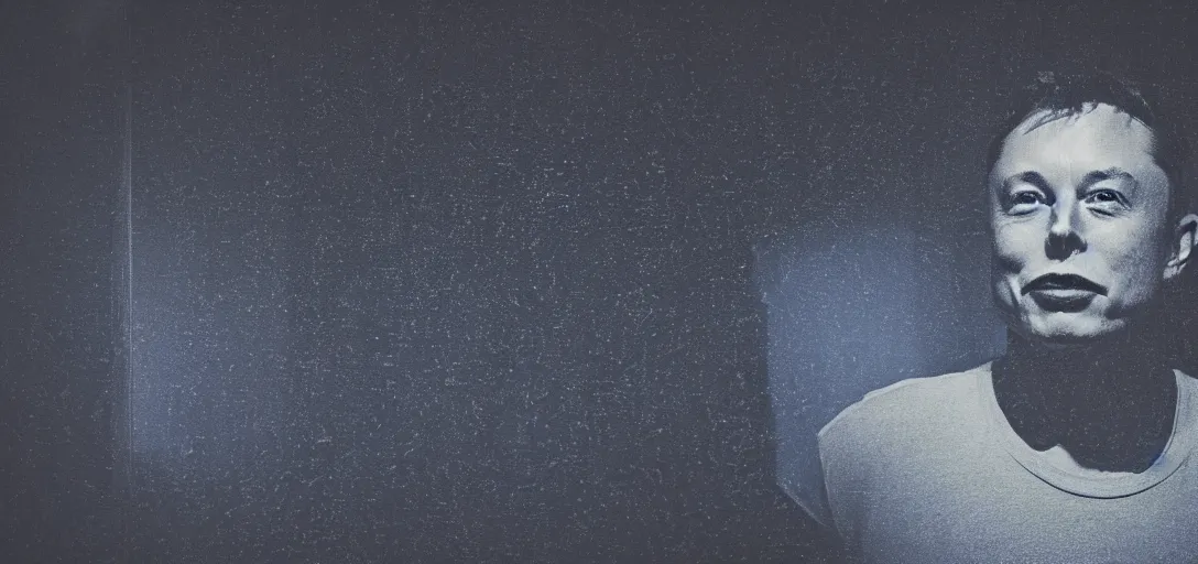 Prompt: dark photo of dark blue rainy bedroom window at night, dimly lit creepy grinning face of elon musk staring in through the window, horror, scary face,