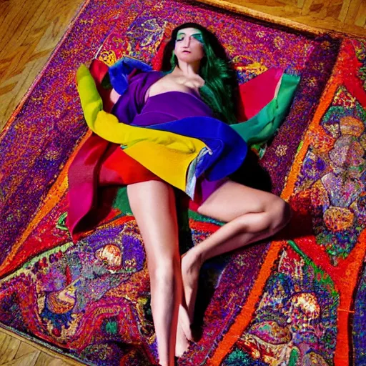 Image similar to a beautiful fashion model laying on a colorful ( ( ( persian rug ) ) ), ( ( ( ( ( wearing a lot of different colorful ties on her body ) ) ) ) )!!!!!. surreal photograph, toiletpaper magazine, top shot, 3 5 mm photograph, colourful, by pierpaolo ferrari, maurizio cattelan