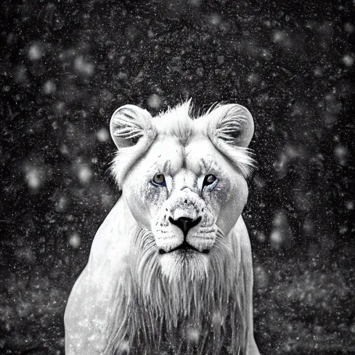 Image similar to an award winning National Geographic picture of a white lion wearing a denim Jacket in the snow by Lee Jeffries, 85mm ND 5, perfect lighting in a snow storm