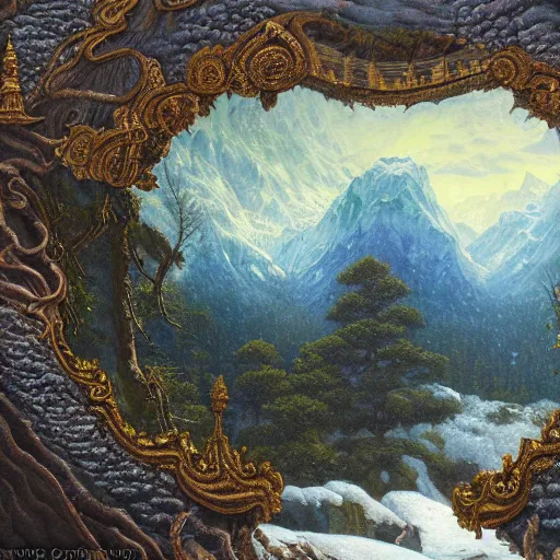 Prompt: a beautiful and highly detailed oil painting of an nepali temple in the snowy mountains, detailed trees and cliffs, forgotten valley, swirling mist, lush forests, intricate details, epic scale, insanely complex, 8 k, sharp focus, hyper realism, fantasy landscape, psychedelic, by caspar friedrich,