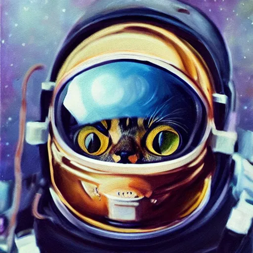 Image similar to oil painting of a cute cat in a astronaut suit with helmet, 35mm, photo, Epic, cinematic, highly detailed and intricate