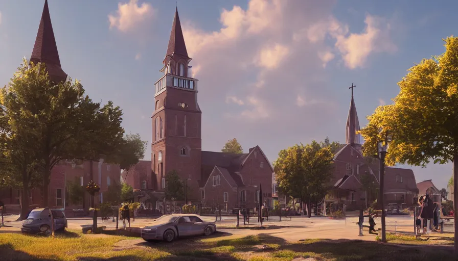 Prompt: midwest town with church, square, trees, sunny day, volumetric light, people on streets, hyperdetailed, artstation, cgsociety, 8 k