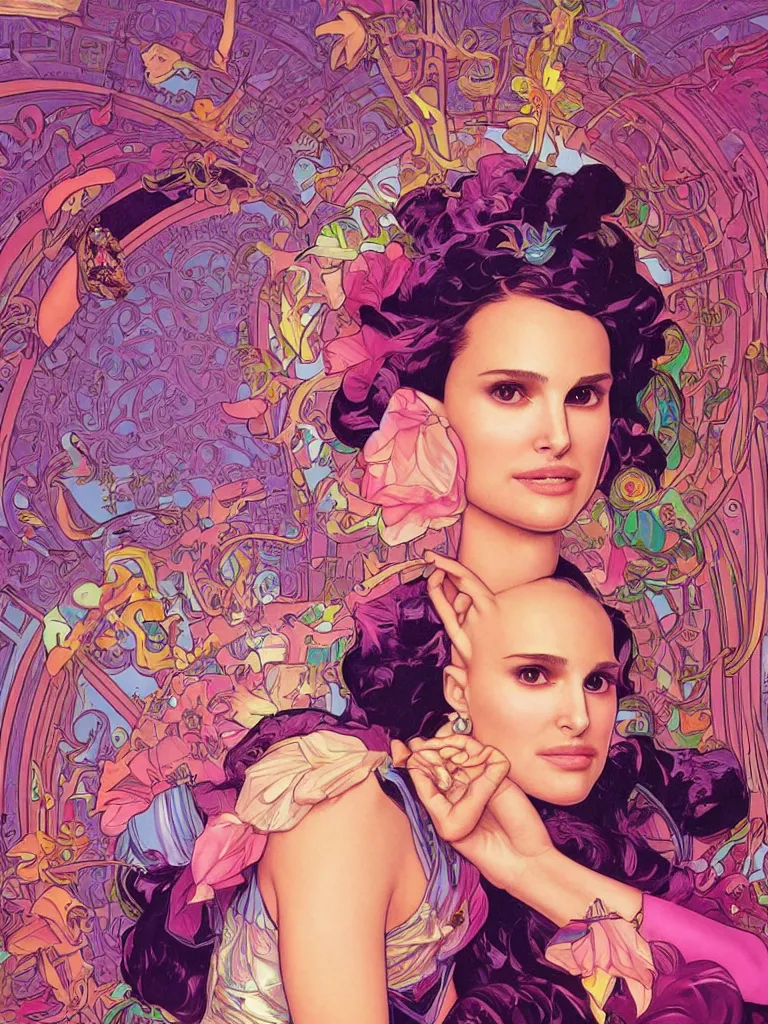 Image similar to beautiful realistic portrait of Natalie Portman as a sci fi 90s princess by Lisa Frank, Seth McMahon and Alphonse Mucha