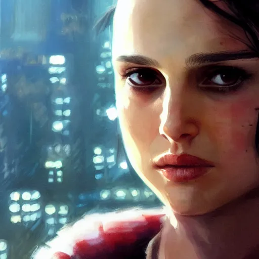 Image similar to closeup portrait of natalie portman from the movie leon the professional, matilda. hitman, city background, dramatic light, gorgeous view, depth, high detail, digital art, painted by greg rutkowski and seb mckinnon, by tim burton, trending on artstation