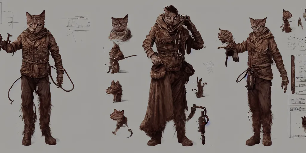 Image similar to wanderer cat man, character sheet, concept design, contrast, hot toys, kim jung gi, greg rutkowski, zabrocki, karlkka, jayison devadas, trending on artstation, 8 k, ultra wide angle, pincushion lens effect