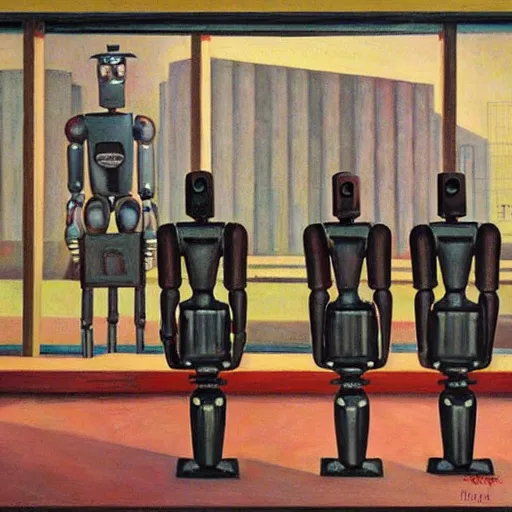 Image similar to drab slave human workers building robots, watched by fascist robots, brutalist factory, dystopian, pj crook, edward hopper, oil on canvas