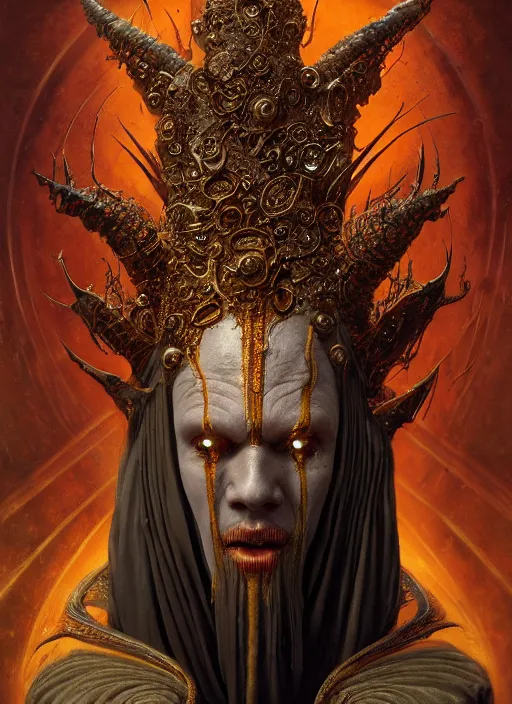 Prompt: slender high priest in a ornate robe, strange headpiece, subsurface scattering, by gerald brom, karol bak, tomasz alen kopera, cgsociety and fenghua zhong, highly detailed, rim light, cinematic lighting, illustration, art, octane render, very coherent, cinematic, hyper realism, high detail, octane render, 8 k