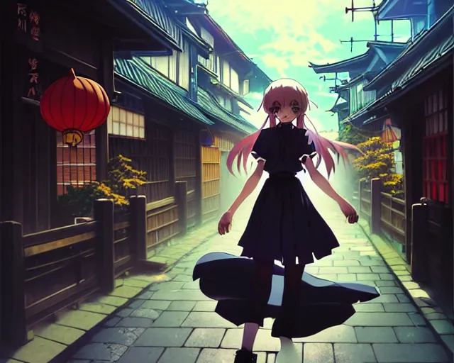 Image similar to key anime visual portrait of a young female witch walking through a busy fantasy village, ilya kuvshinov, dynamic pose, dynamic perspective, cinematic, dramatic lighting, muted colors, detailed silhouette, textured, anime proportions, kyoto animation, haibane renmei, niea under 7, yoh yoshinari