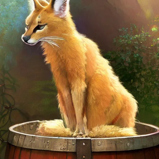 Prompt: a digital art of cute fluffy caracal near a wooden barrel lying at the side, at after noon, green and warm theme, by krenz cushart and mucha and akihito yoshida and greg rutkowski and makoto shinkai, long shot, back lighting, detailed eyes, 4 k resolution, trending on art station