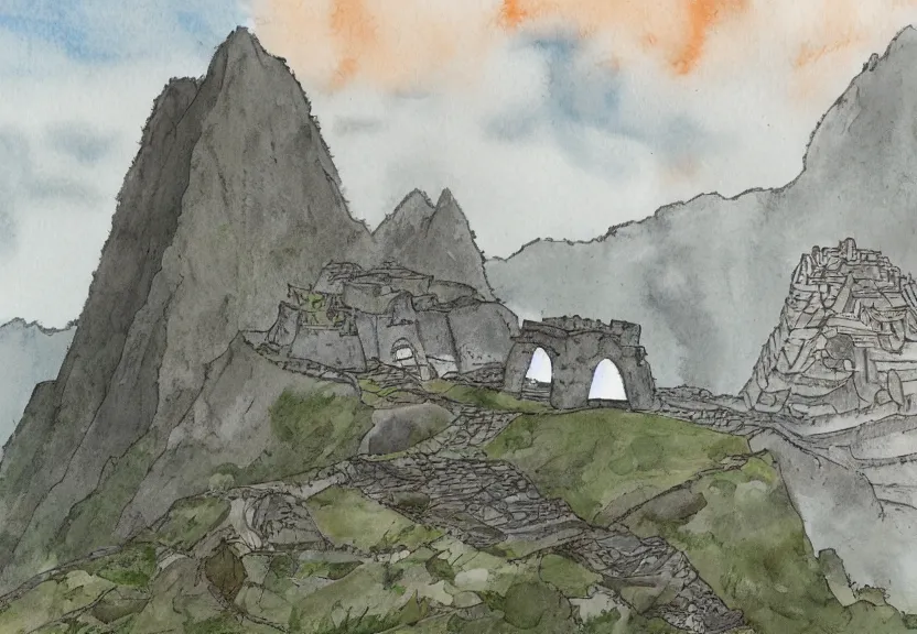 Image similar to a cell - shaded watercolor concept art from a studio ghibli film showing one giant grey griffon. a temple is under construction in the background in machu pichu on a misty and starry night. by studio ghibli. very dull muted colors